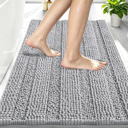 Smiry Thick Chenille Bathroom Rugs 30x20, Absorbent Bath Mat, Light Grey