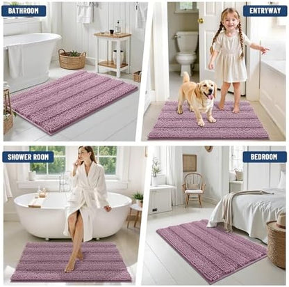 Grandaily Chenille Striped Bathroom Rugs 36x24, Extra Thick and Soft Absorbent Bath Mats, Rubber Backing, Plush Shaggy Shower Carpet, Machine Wash Dry, Bath Rug for Bathroom, Deep Plum