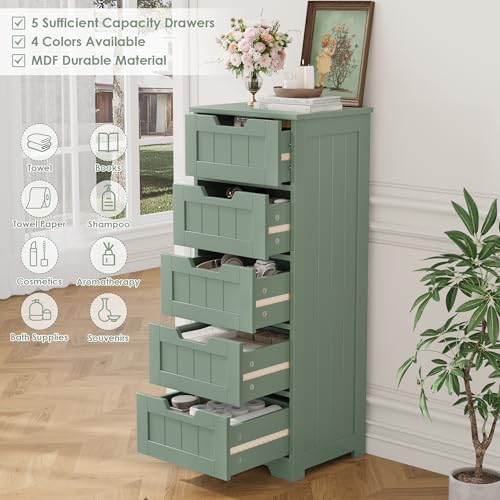 FOTOSOK Bathroom Cabinet, Bathroom Storage Cabinet with 5 Drawers, Green
