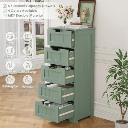 FOTOSOK Bathroom Cabinet, Bathroom Storage Cabinet with 5 Drawers, Green