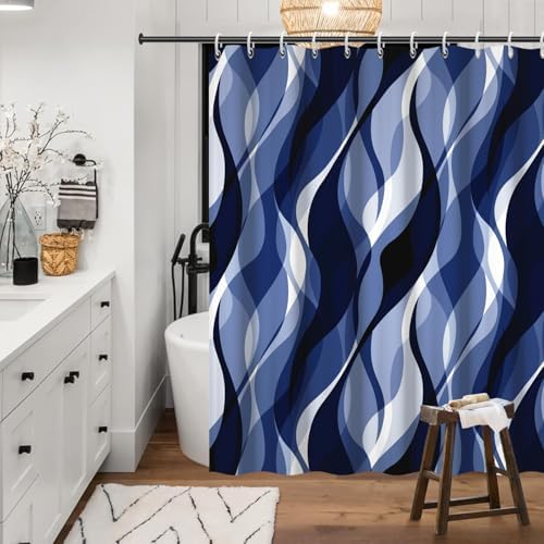 Navy Blue Striped Shower Curtain with Hooks for Bathroom 72x78 Inch