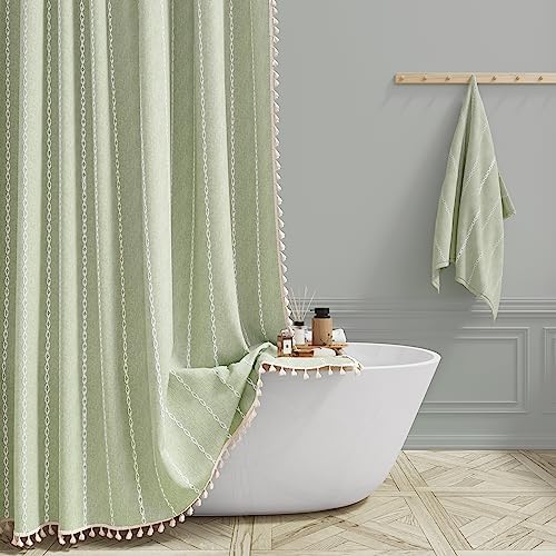 BTTN 54x78 Boho Farmhouse Linen Heavy Duty Shower Curtain Set, Sage Green