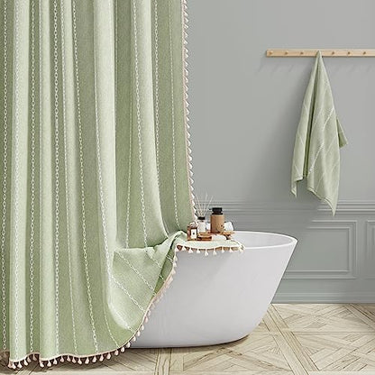BTTN 60x72 Boho Farmhouse Linen Heavy Duty Shower Curtain Set, Sage Green