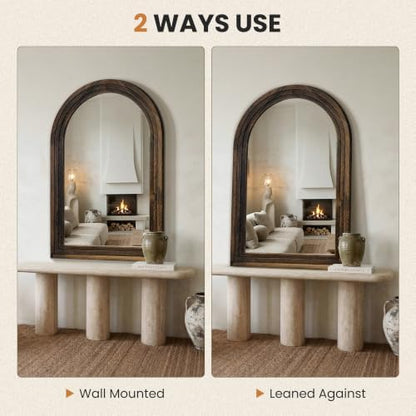 Arched Bathroom Mirror, 45"x30" Brown Wood Frame Wall Mirror
