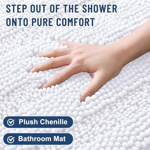 Grandaily Chenille Striped Bathroom Rugs 47x17, Extra Thick and Soft Absorbent Bath Mats, Rubber Backing, Plush Shaggy Shower Carpet, Machine Wash Dry, Bath Rug for Bathroom, Solid White
