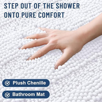 Grandaily Chenille Striped Bathroom Rugs 36x24, Extra Thick and Soft Absorbent Bath Mats, Rubber Backing, Plush Shaggy Shower Carpet, Machine Wash Dry, Bath Rug for Bathroom, Solid White