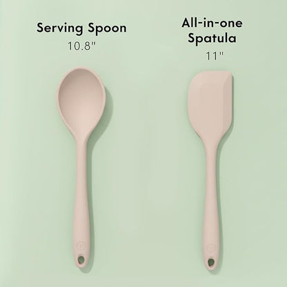 Non-Toxic Platinum Silicone Kitchen Utensil Set of 2 – Non-Scratch Cooking Spoon & Spatula, 100% Plastic Free, Stainless Steel Core, Heat Resistant 500°F, Beige