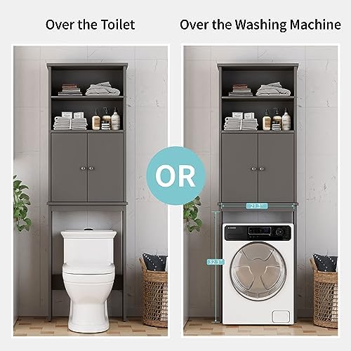 Shintenchi Over The Toilet Storage Cabinet, Bathroom Above The Toilet Rack, Bathroom Adjustable Shelf Organizer with Open Bottom Bar and Anti-Tip Device, Gray