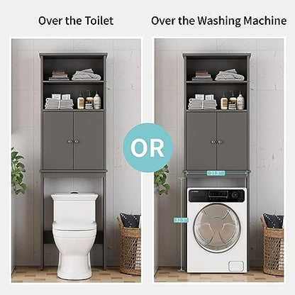Shintenchi Over The Toilet Storage Cabinet, Bathroom Above The Toilet Rack, Bathroom Adjustable Shelf Organizer with Open Bottom Bar and Anti-Tip Device, Gray