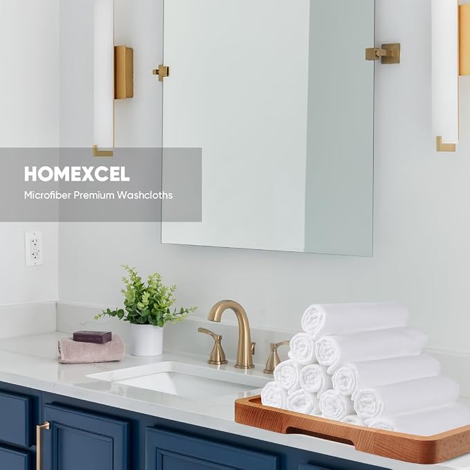 HOMEXCEL Microfiber Washcloths 24 Pack, Highly Absorbent and Soft Face Towel, Multi-Purpose White Wash Cloths for Bathroom, Hotel, Spa, Gym, and Kitchen, 12x12 Inch
