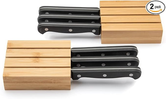 Purawood Premium Bamboo Knife Block Inserts – 2 Pack – Compatible Expandable Drawer Organizer & Utensil Organizer, Cutlery Tray with Dividers for Kitchen Utensils & Flatware (Natural)…