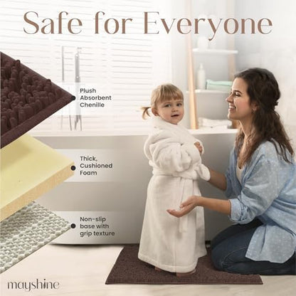 MAYSHINE Small Plush Shaggy Chenille Bath Mat 23"x14" Extra Soft, Super Absorbent, Non-Slip Bathroom Rug | Fluffy Microfiber, Area Rug Sets for Bathroom Floor, Kitchen, Living Room | Brown