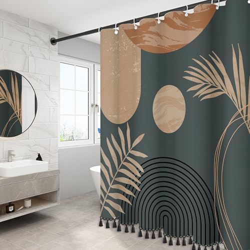 Boho Mid Century Leaf Shower Curtain Set,Arch Sun Design,Minimalistic Leaves Pattern,Waterproof and Luxurious Fabric-12 Hooks(Brown-72" x 96")