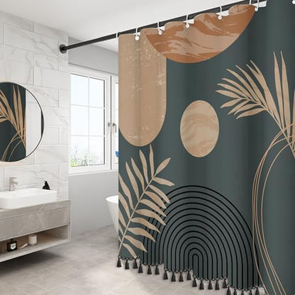 Boho Mid Century Leaf Shower Curtain Set,Arch Sun Design,Minimalistic Leaves Pattern,Waterproof and Luxurious Fabric-12 Hooks(Brown-60" x 72")