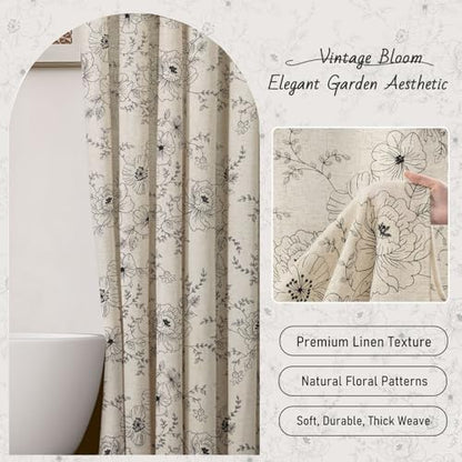 Farmhouse Floral Vintage Shower Curtain for Bathroom, Black Embroidered