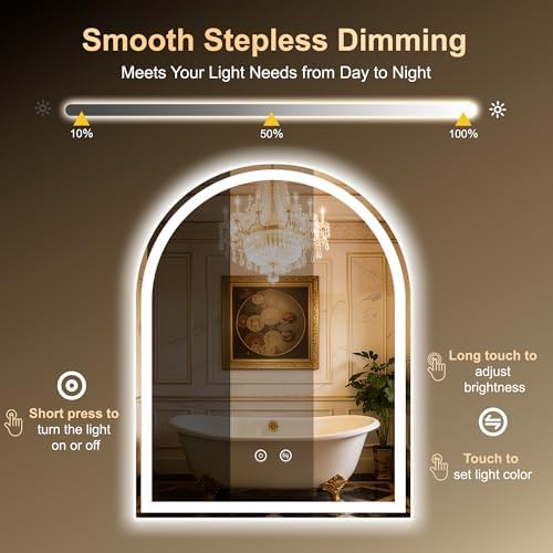 Arched LED Lighted Bathroom Mirror with Lights 28"x36"Smart Anti-Fog