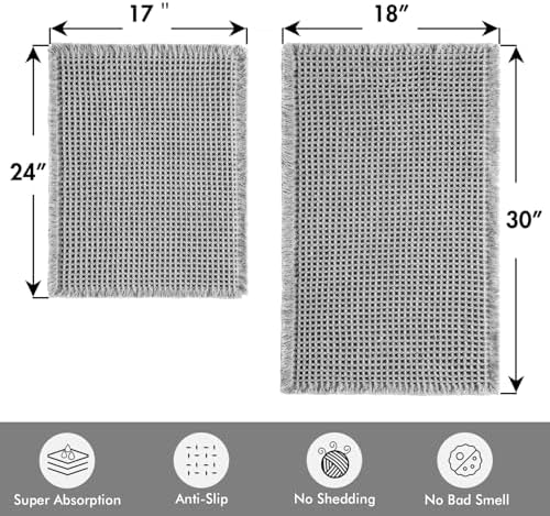 MIULEE Set of 2 Waffle Bathroom Rugs Light Grey Bath Mat 17"x24"+18"x30"