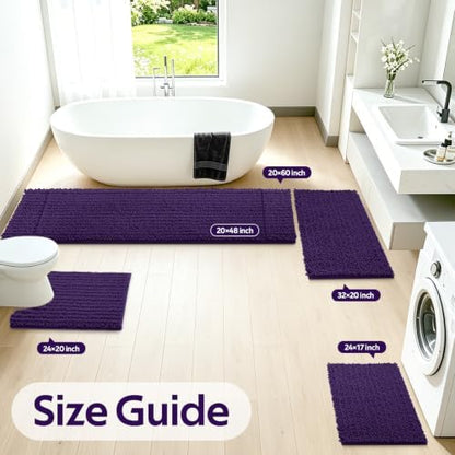 ACCUMTEK Upgrade Extra Large Dark Purple Bathroom Rug Set 3 Pieces Ultra Soft, Thick Absorbent Bath Mats, Non Slip Chenille Toilet Mat for Bathroom, Bedroom, Kitchen, Egglant