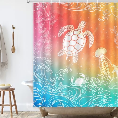 Beach Ocean Shower Curtain, Sea Turtle Drift bottle Summer Shower Curtain