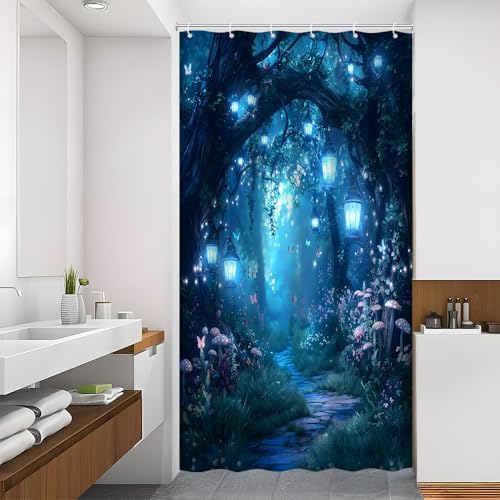 Fantasy Forest Path Shower Curtain Blue Fairy Magical Enchanted Misty Jungle Mushroom Floral Tree Butterfly Lantern Wonderland Bath Curtain Fabric Bathroom Accessories Decor with Hooks 47W x70L