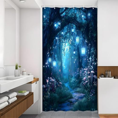 Fantasy Forest Path Shower Curtain Blue Fairy Magical Enchanted Misty Jungle Mushroom Floral Tree Butterfly Lantern Wonderland Bath Curtain Fabric Bathroom Accessories Decor with Hooks 35W x70L