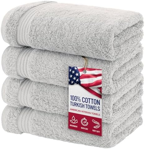 American Veteran Towel, Hand Towels for Bathroom Set of 4, 100% Cotton Turkish Hand Towel Sets, Soft Hand Face Towels, Silver Grey Hand Towels