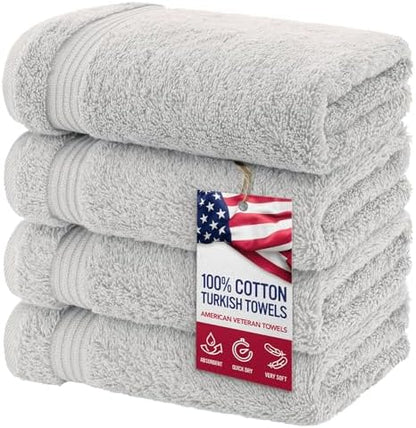 American Veteran Towel, Hand Towels for Bathroom Set of 4, 100% Cotton Turkish Hand Towel Sets, Soft Hand Face Towels, Silver Grey Hand Towels
