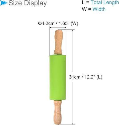 Silicone Rolling Pins, 12.2" Length, Silicone & Oak Non-Stick Ergonomic Wooden Handle Fondant Dough Roller Green - (Applications: for Baking DIY Projects)