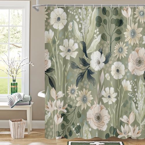Boho Floral Shower Curtain, Green Botanical Fabric Curtain, 72 x 78