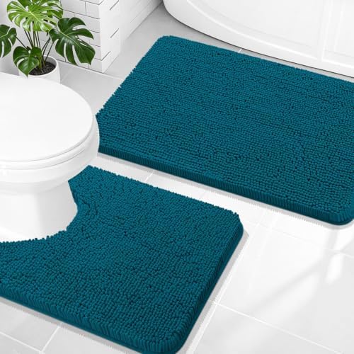 OLANLY Chenille Bathroom Rugs Sets 2 Piece, 30"x20"+24"x20", Peacock Blue