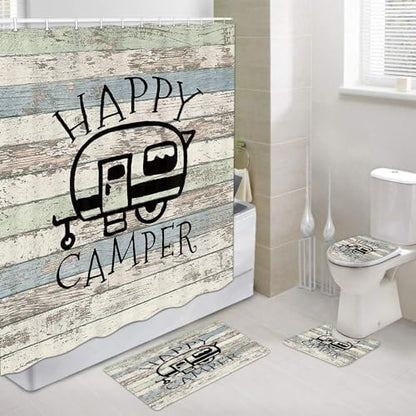 JAWO Happy Campers Shower Curtain Retro Rustic Wood Neutral Color for Travel Trailer Camping Theme Motor RV Bathroom Stall Shower Curtain Set, Waterproof Fabric Shower Cutain, Hooks Include 36X72