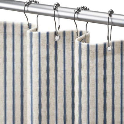 Farmhouse Striped Shower Curtain Navy Blue Vintage Linen Curtain 72W X 84L