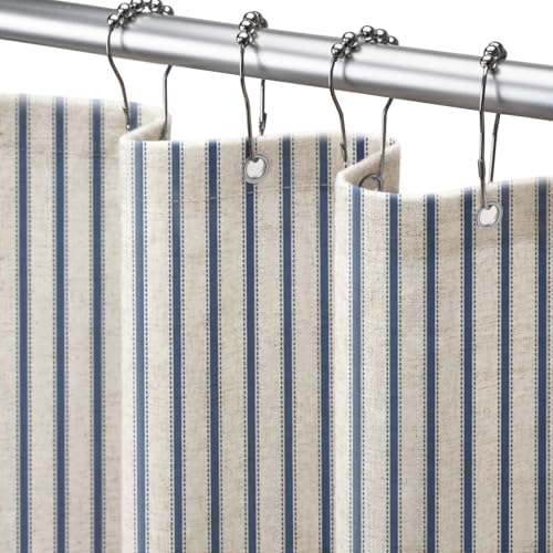 Farmhouse Striped Shower Curtain Navy Blue Vintage Linen Curtain 72W X 72L