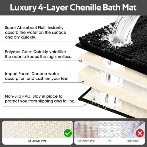 ACCUMTEK Striped Black Bathroom Rug Mat Set 2 piece 24"x17"+48"x20" Ultra Soft, Non Slip Chenille Bath Rugs, Absorbent Plush Shaggy Bath Mats for Bathroom, Bedroom, Kitchen, Shower, Tub