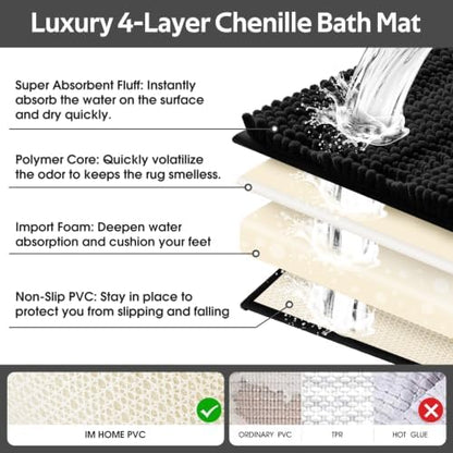 ACCUMTEK Striped Black Toilet Bathroom Rug Mat Set 2 piece Rug Ultra Soft, Non Slip Chenille Bath Rugs, Absorbent Plush Shaggy Bath Mats for Bathroom, Bedroom, Kitchen, Shower, Tub