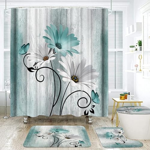 Onalasyc 4PCS Teal Daisy Floral Bathroom Sets with Shower Curtain and Rugs
