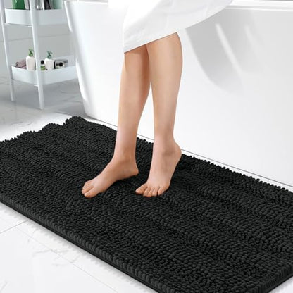 OLANLY Thick Bathroom Runner Rugs 47x24, Soft Chenille Bath Rugs, Black