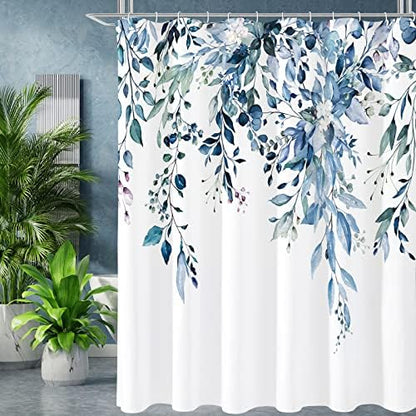 Gibelle Blue Eucalyptus Shower Curtain, Watercolor Floral Print, 72x72