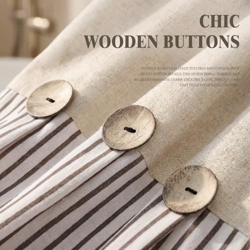 Farmhouse Shower Curtain Linen Beige Button Brown Stripe 54"W x 72"L