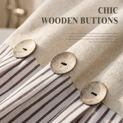 Farmhouse Shower Curtain Linen Beige Button Brown Stripe 54"W x 72"L