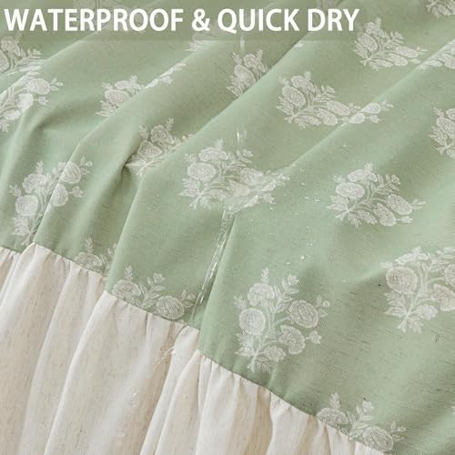 ORTIGIA Linen Textured Ruffle Shower Curtain with Metal Hooks, Green Vintage Block Print Floral Boho Waterproof Bath Curtain for Rustic Farmhouse Bathroom Decor 72x72 Inch