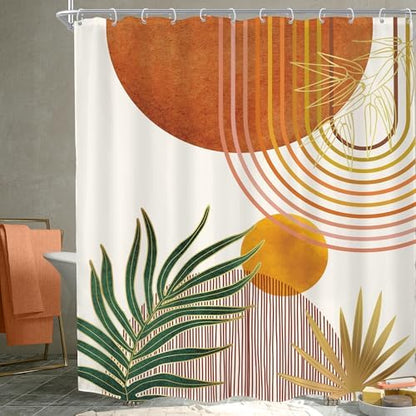 Mid Century Orange Boho Abstract Retro Gold Bathroom Shower Curtain Set