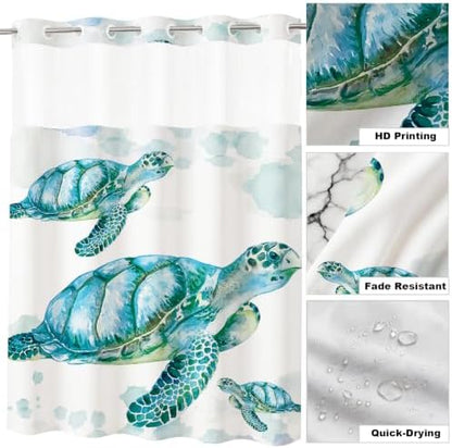 Beach Nautical Sea Turtle Theme No Hook Waffle Weave Shower Curtain with Snap in Liner Nautical Beach Bathroom Blue Ocean Decor Set 36 W x 74 H Inch Teal