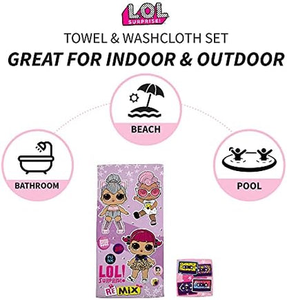 Franco LOL Surprise Kids Bath/Pool/Beach Soft Cotton Terry Towel with Washcloth 2 Piece Set, 50 in x 25 in