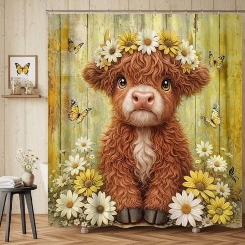 Cute Cow Shower Curtain, Farmhouse Rustic Yellow Floral Daisy Highland Cow Shower Curtains for Bathroom, Calf Country Farm Animal Garden Plant Fabric Bathroom Decor with Hooks, 54x72 inch