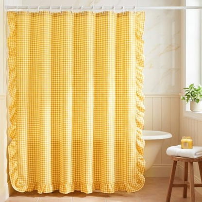 HunnmingRe Ruffled Gingham Shower Curtain Yellow