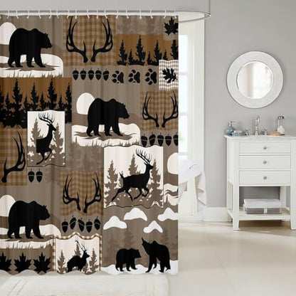 Feelyou Rustic Plaid Shower Curtain Lodge Cabin Bear Bath Curtain for Stalls Bathtubs Country Elk Moose Bathroom Accessories Woodland Brown Waterproof Polyester Fabric with 12 Hooks 72"x84"
