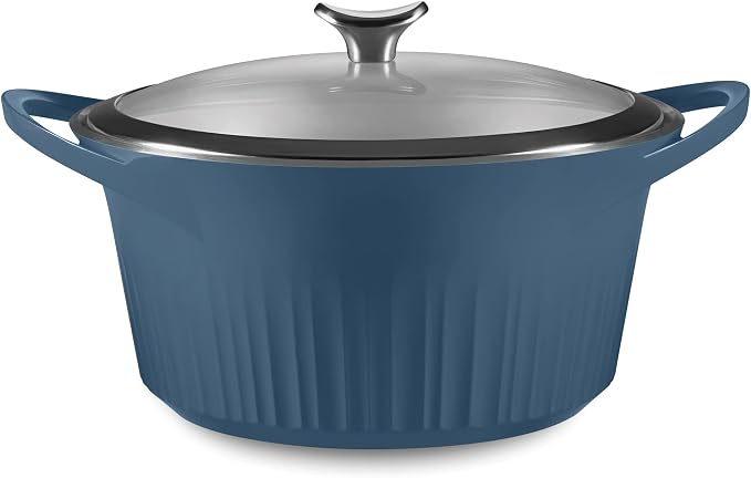 CorningWare QuickHeat 5.5-QT Cast Aluminum Dutch Oven With Lid & Non-Stick Ceramic Interior, Lightweight and Fast Even Heat Baking & Cooking, For Meats, Soup, Browning, Searing, French Navy