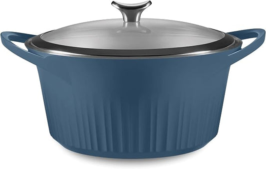 CorningWare QuickHeat 5.5-QT Cast Aluminum Dutch Oven With Lid & Non-Stick Ceramic Interior, Lightweight and Fast Even Heat Baking & Cooking, For Meats, Soup, Browning, Searing, French Navy