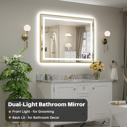 48x36 Inch LED Bathroom Mirror with Gold Frame, Backlit & Front Lit